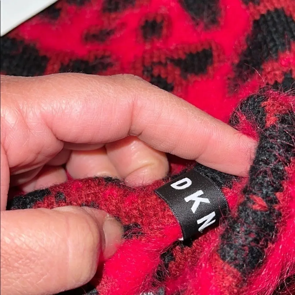 NWOT DKNY animal print red black knit fuzzy hat